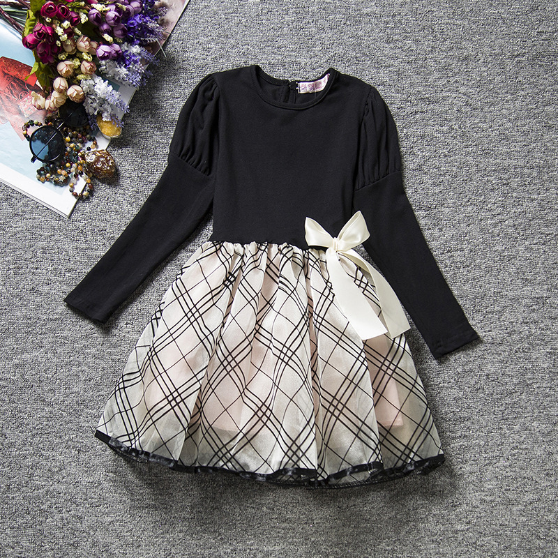 F68098-1 autumn sweet princess skirt girl bow long sleev dress